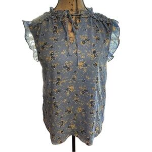 Elegant Floral Ruffle Blouse - Blue and Yellow